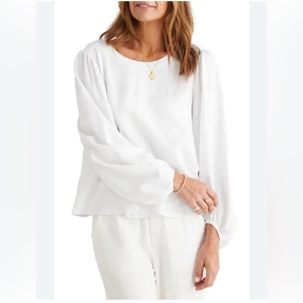 Brave+True Blouse White Womens Large Linen Blend Balloon Sleeve Keyhole Back‎